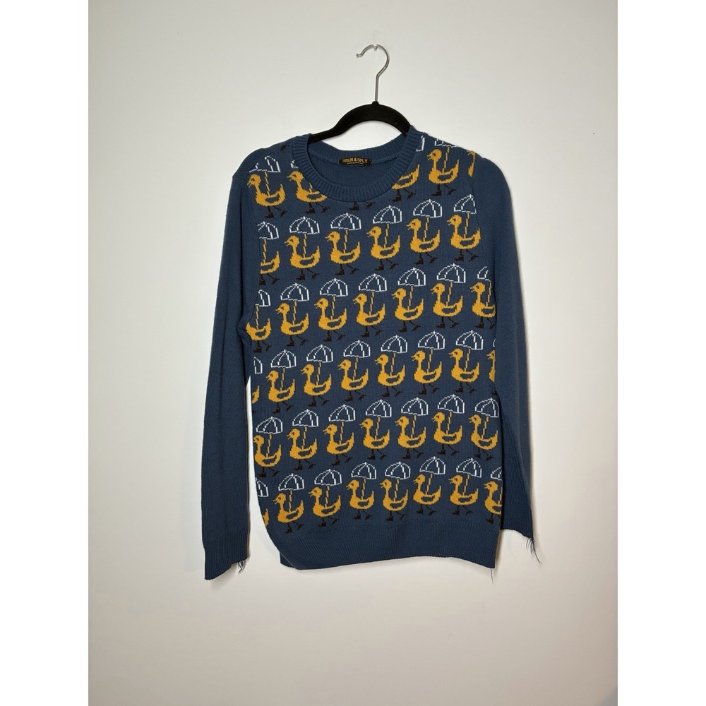 Run & Fly retro-style knit sweater yellow ducks holding umbrellas L